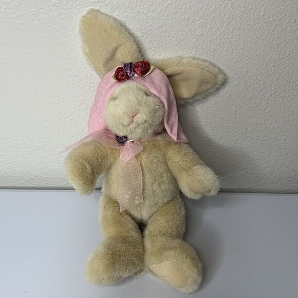 Russ Berrie Bonnet Bunny Rabbit Plush Tan Hat Flowers Pink Bow Easter Stuffed - Picture 1 of 3